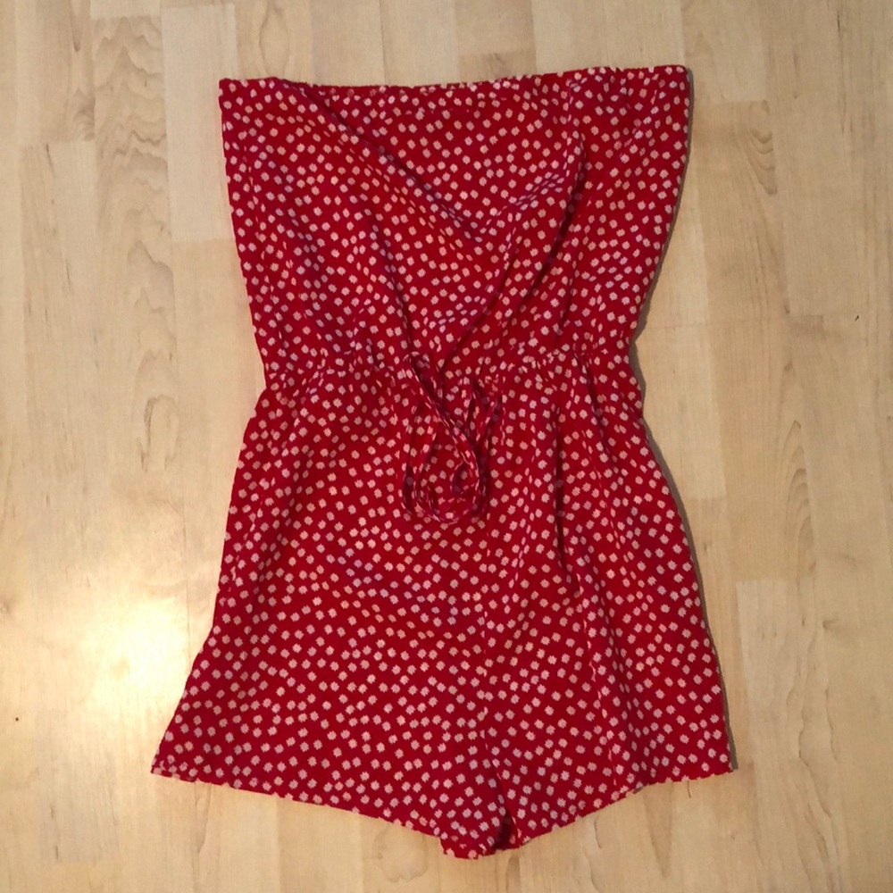 red and white strapless flower romper